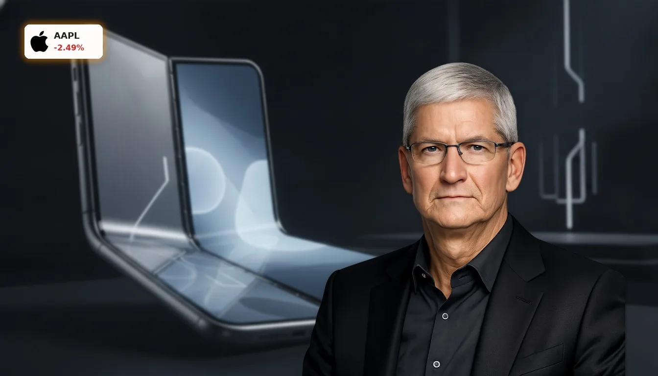 Futuristisches Apple faltbares iPhone in einem minimalistischen Studio, geöffnet mit leuchtendem Display.
