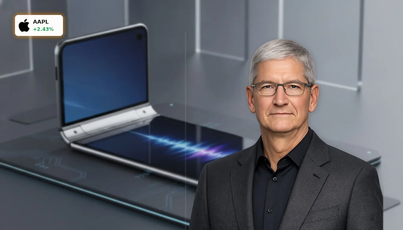 Ein elegantes, halb gefaltetes Apple faltbares iPhone auf einer dunklen Oberfläche, das das innovative Scharnier und das Display zeigt.