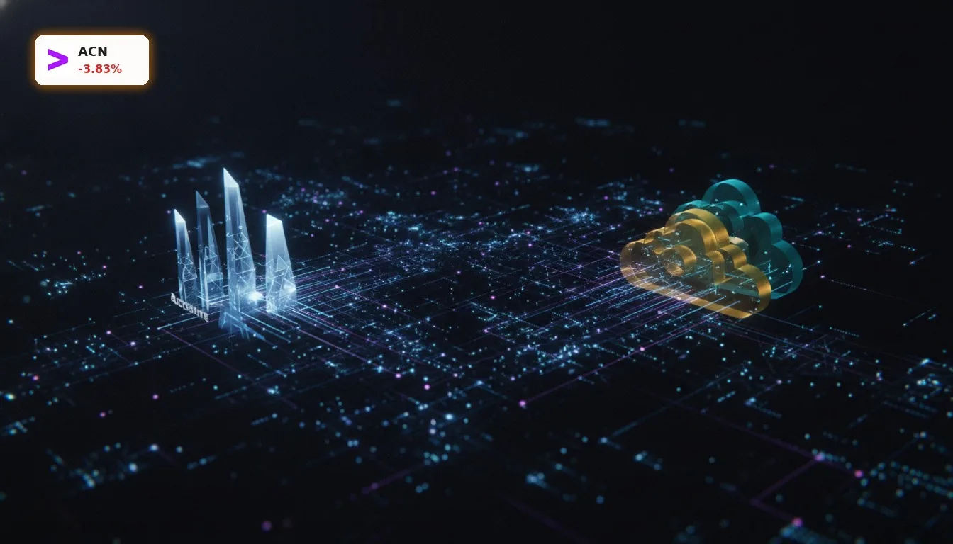 Accenture Google Cloud Partnerschaft: -3.8% trotz KI-Boom bei Unternehmen 3 Abstrakte Darstellung der Accenture Google Cloud Partnerschaft, vernetzte Datenströme und KI-Prozesse symbolisierend.