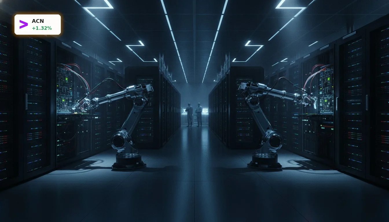 Roboterarme arbeiten in einem hochmodernen Rechenzentrum, das den Accenture Wettbewerb im KI-Sektor symbolisiert.