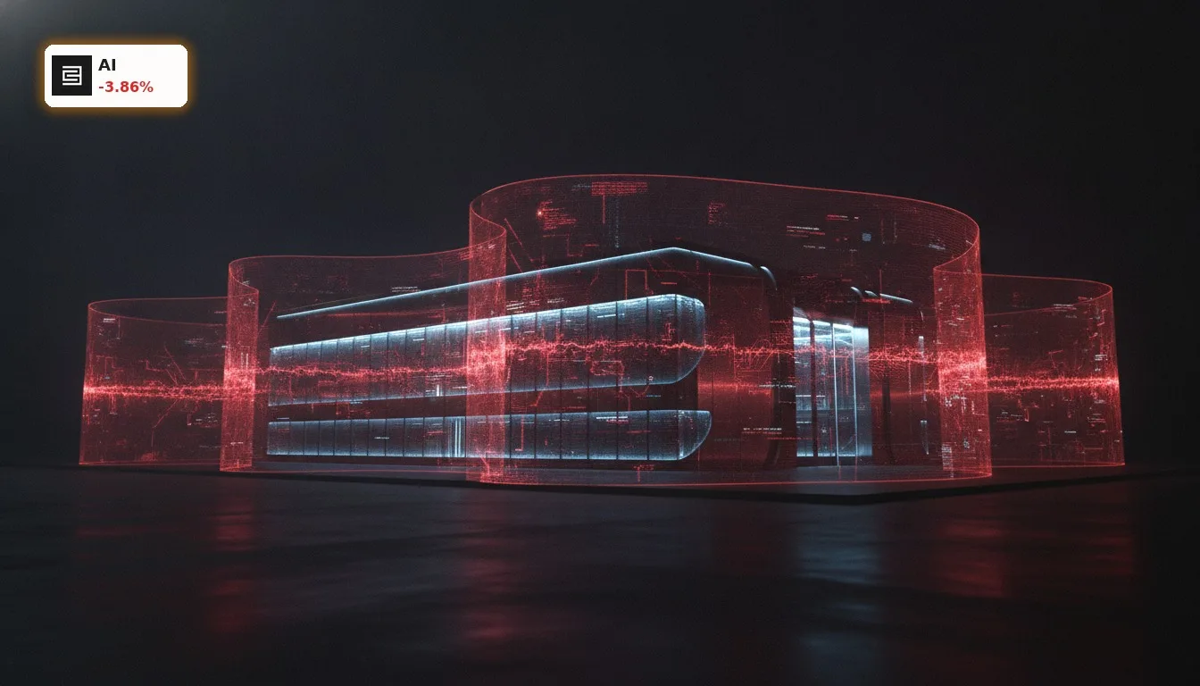 Futuristisches Rechenzentrum, umgeben von roten Energiebarrieren, symbolisiert Widerstände im KI Sektor.
