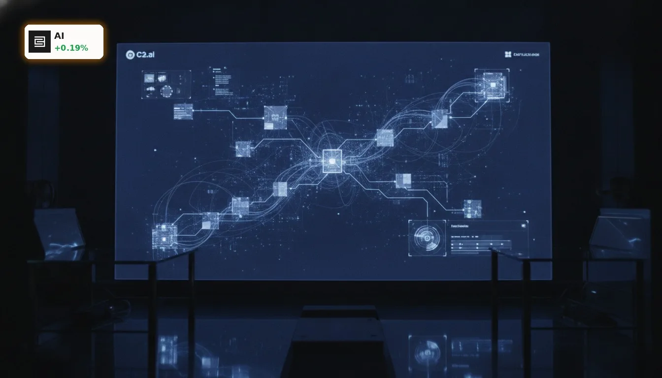 C3.ai Quartalszahlen: CEO Siebel sieht Turnaround auf Kurs 4 Holografisches Display der C3.ai Agentic AI Plattform in einem dunklen Hightech-Labor, visualisiert C3.ai Quartalszahlen.