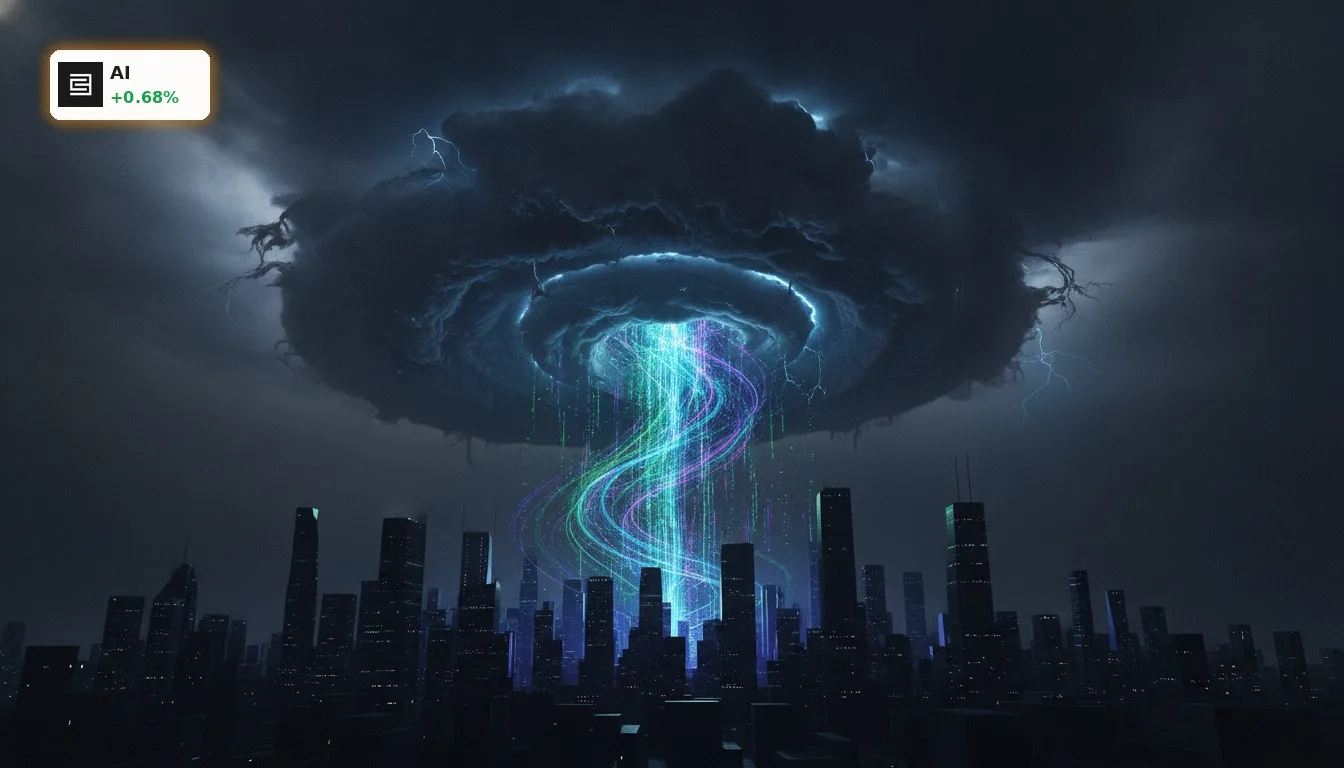 Dunkle, stürmische Wolken über einer futuristischen Skyline, die die Risiken der KI Debatte symbolisieren.