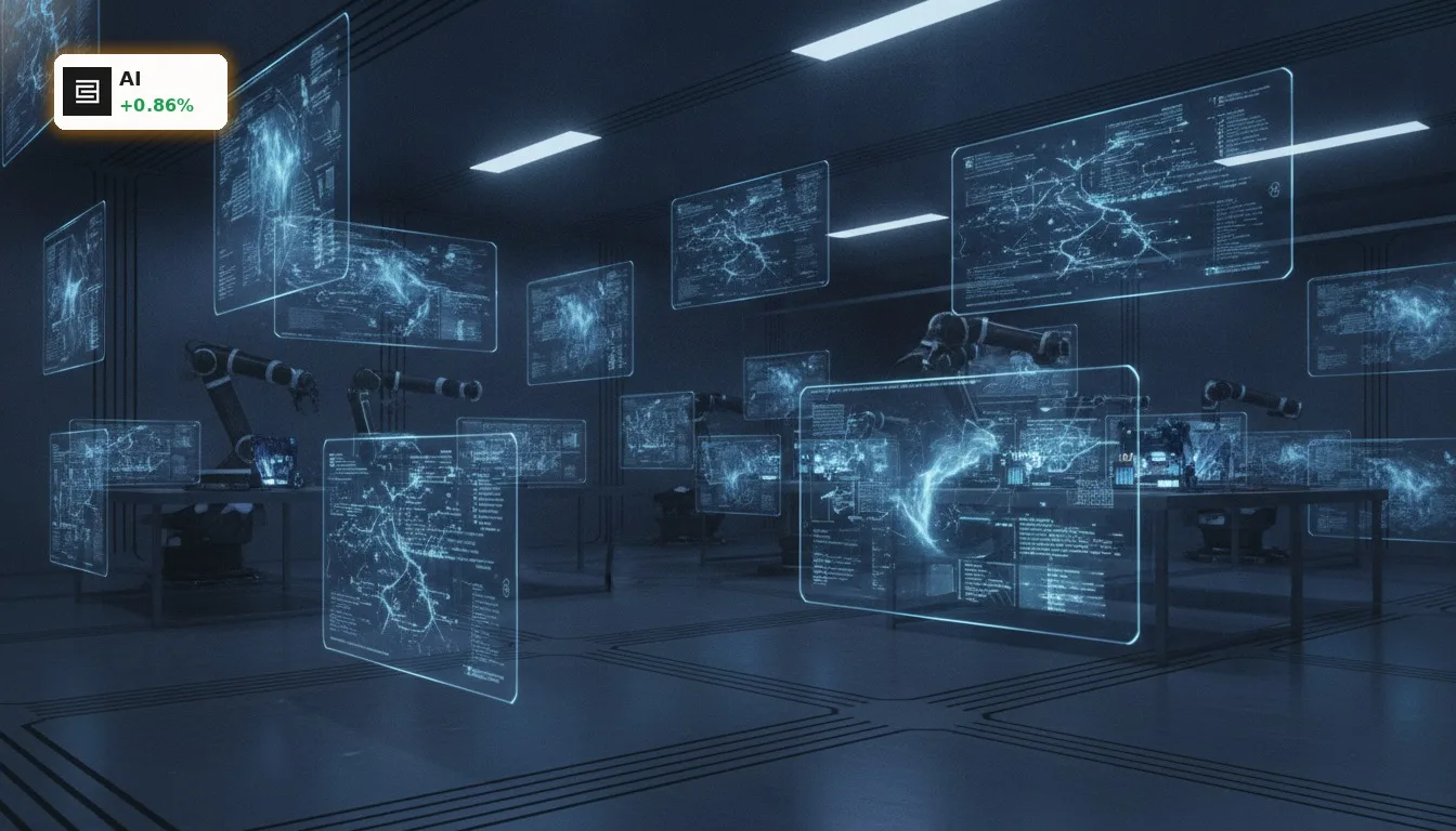 Futuristisches KI-Forschungslabor mit leuchtenden Hologrammen und Robotern, die komplexe KI Entwicklungen vorantreiben.