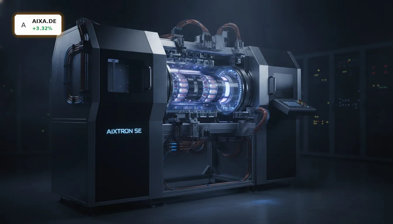 Nahaufnahme einer hochmodernen AIXTRON SE Halbleiter-Fertigungsmaschine, die AIXTRON Beteiligung im Fokus.