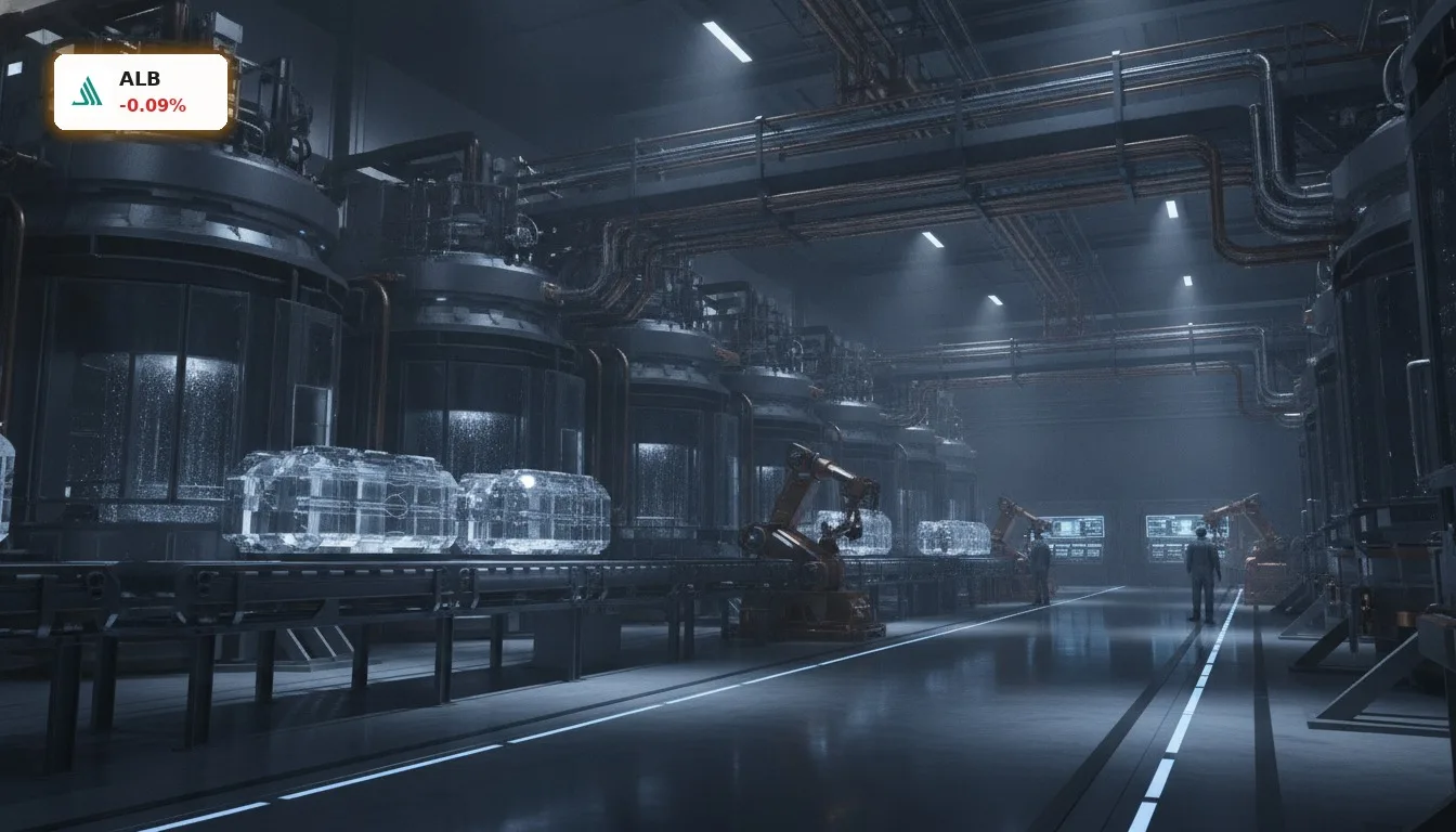 Moderne Lithium-Verarbeitungsanlage mit komplexen Maschinen, symbolisiert den Albemarle China Wettbewerb in der Lieferkette.