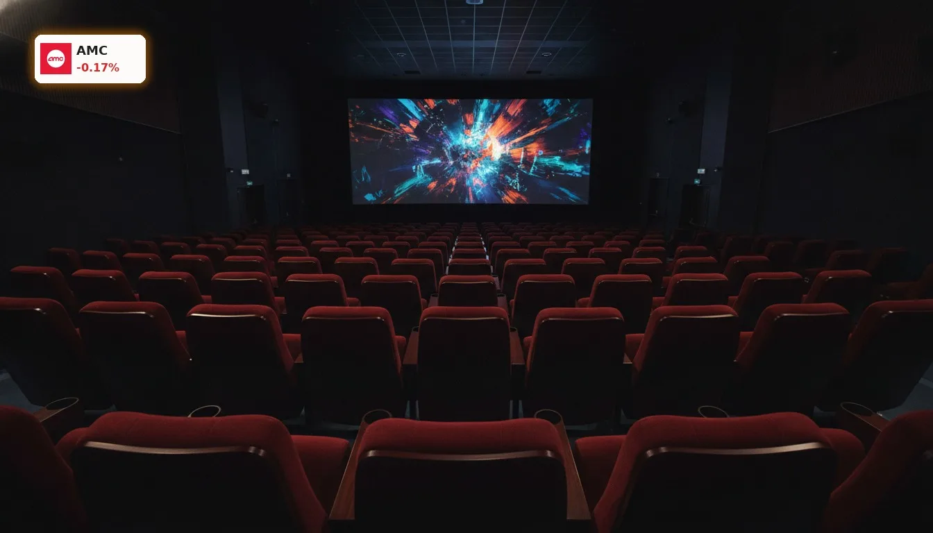 AMC Umschuldung: 4 Mrd. $ Refinanzierung nach starkem Sommergeschäft 3 Moderner Kinosaal mit leeren roten Sitzen und großer Leinwand, die eine abstrakte Filmszene zeigt, symbolisiert die AMC Umschuldung.