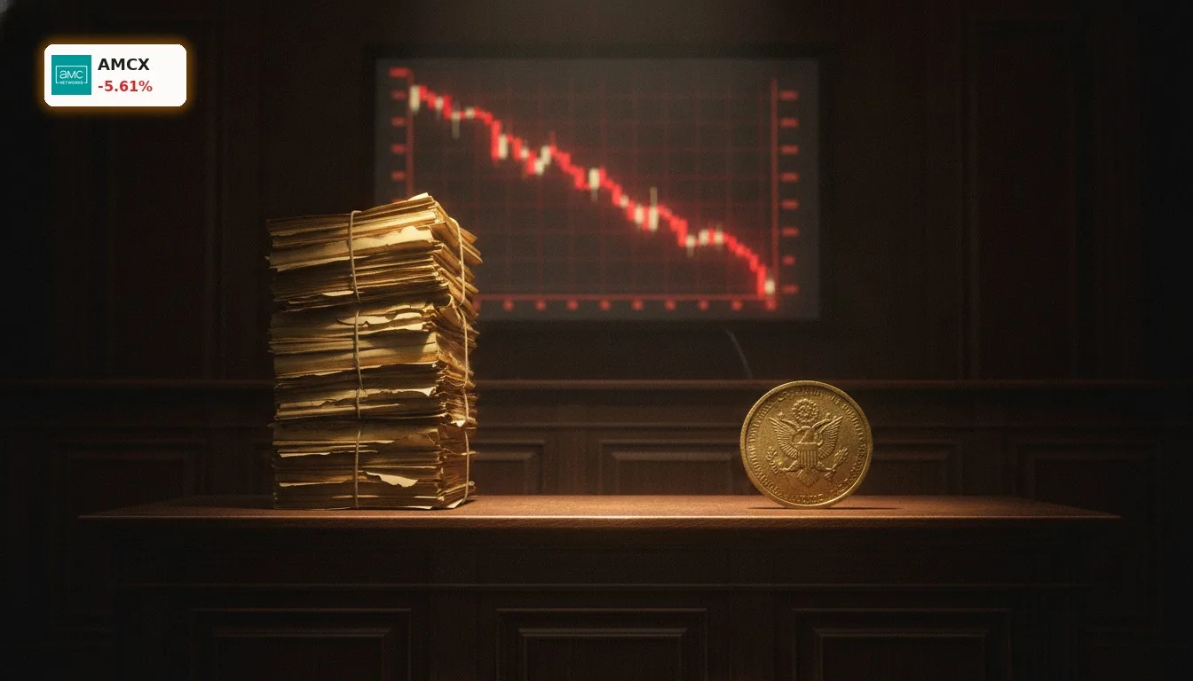 Gerichtssaal mit Dokumenten und Goldmünze, im Hintergrund fallender Aktienchart, symbolisiert AMC Networks Einigung und finanzielle Folgen.