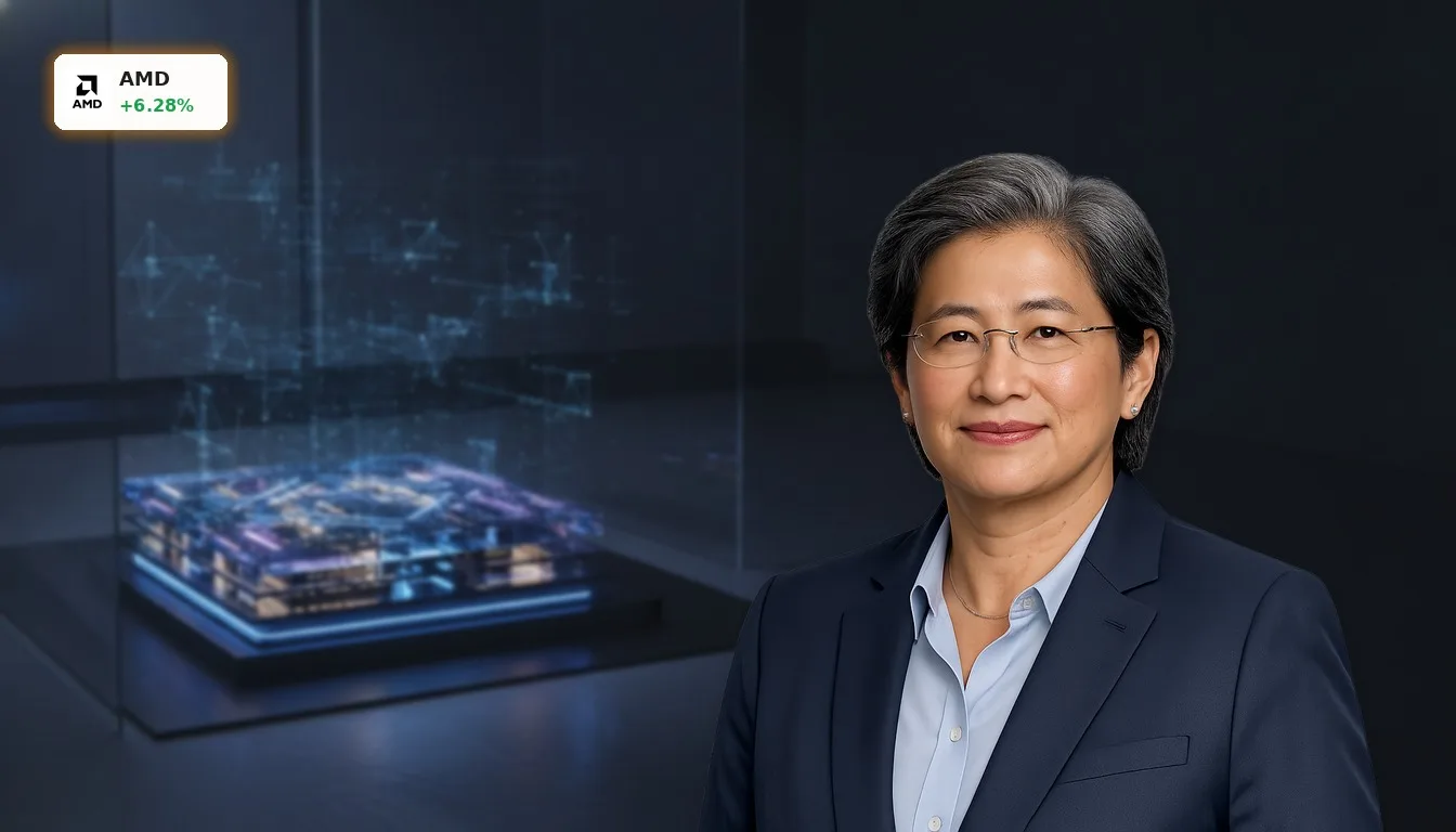 Detailaufnahme eines hochmodernen AMD KI-Beschleuniger-Chips in einem futuristischen Studio. AMD Marktprognose durch KI getrieben.