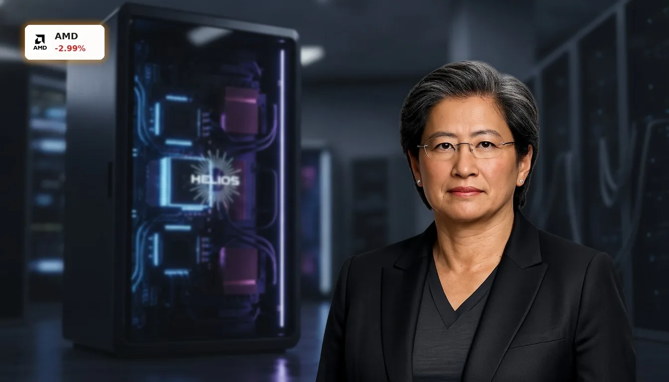 Futuristischer Server-Rack mit leuchtenden AMD GPUs und CPUs, symbolisiert AMD Analysten Wachstumspotenzial im KI-Markt.