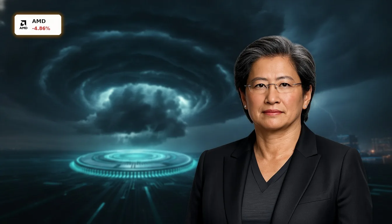AMD KI Bedenken: Aktie fällt um 4.9% nach Aufrufen zur KI-Drosselung 5 Dramatische Sturmwolke über einem leuchtenden, modernen Silizium-Wafer, symbolisiert AMD KI Bedenken in der Technologieentwicklung.