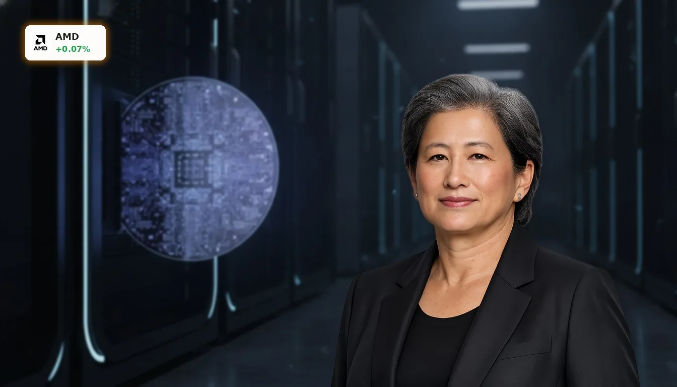 AMD KI Konkurrenz: Schock für NVIDIA? AMD erobert 8% Marktanteil 3 Glänzender Silizium-Wafer von AMD in einem Server-Rack, symbolisiert AMD KI Konkurrenz und technologische Stärke.