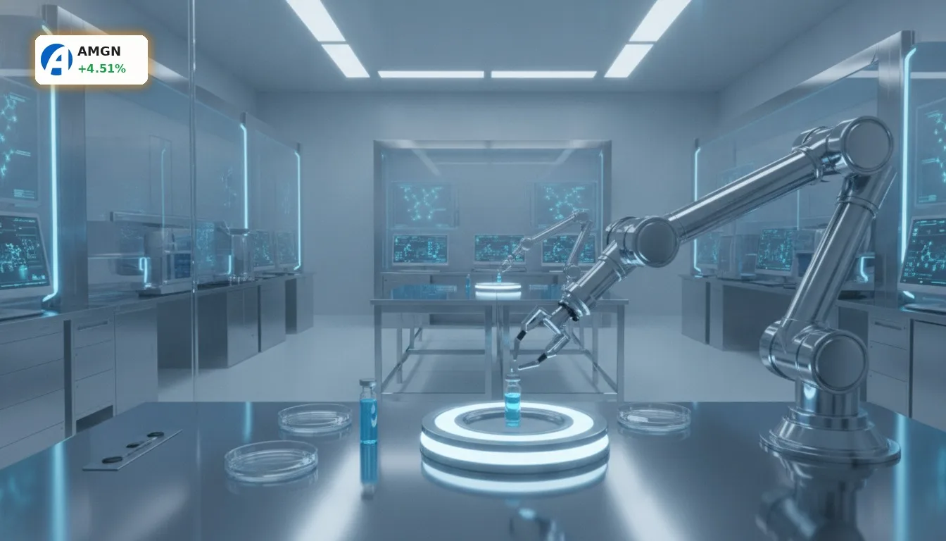 Futuristisches Pharmalabor mit Roboterarm und Hightech-Geräten, symbolisiert Amgen Sjogren Forschung und KI-gestützte Entwicklung.