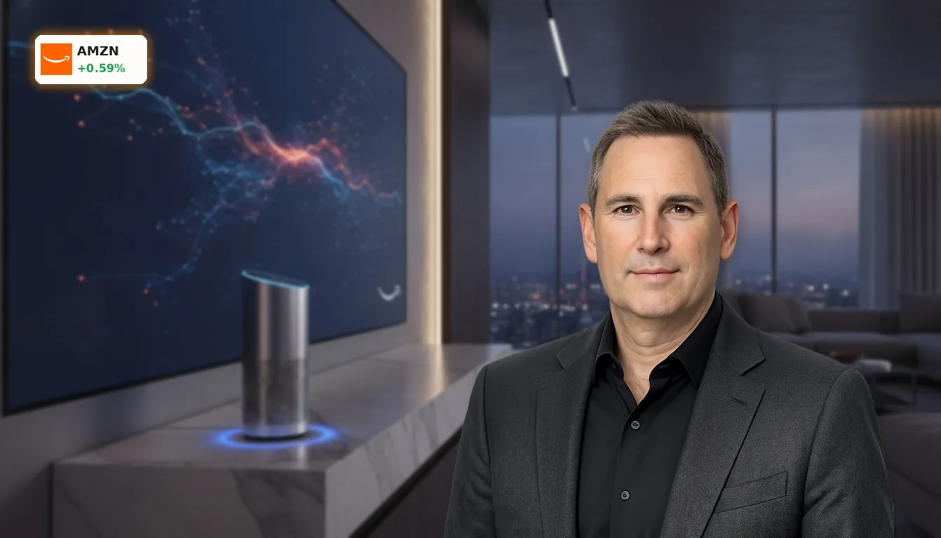 Smarter Lautsprecher und Display in einem modernen Zuhause, symbolisierend KI-Integration und das Amazon Kursziel.