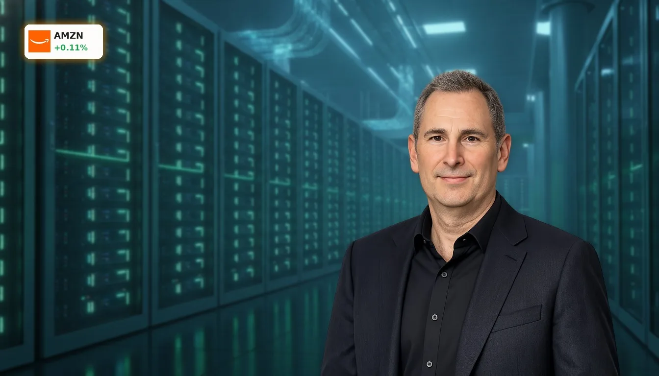Modernes Rechenzentrum mit leuchtenden Server-Racks, symbolisiert die Infrastruktur hinter der Amazon Anleihe und KI.