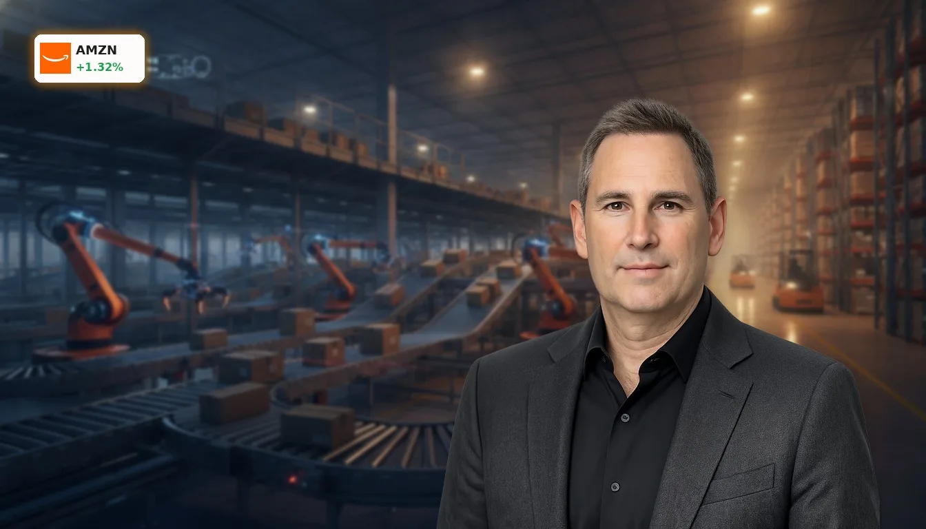 Amazon Analyse: Zwischen KI-Boom, Regulierungsdruck und höheren Löhnen 4 Modernes Amazon-Logistikzentrum mit automatisierten Förderbändern und Roboterarmen für eine detaillierte Amazon Analyse.