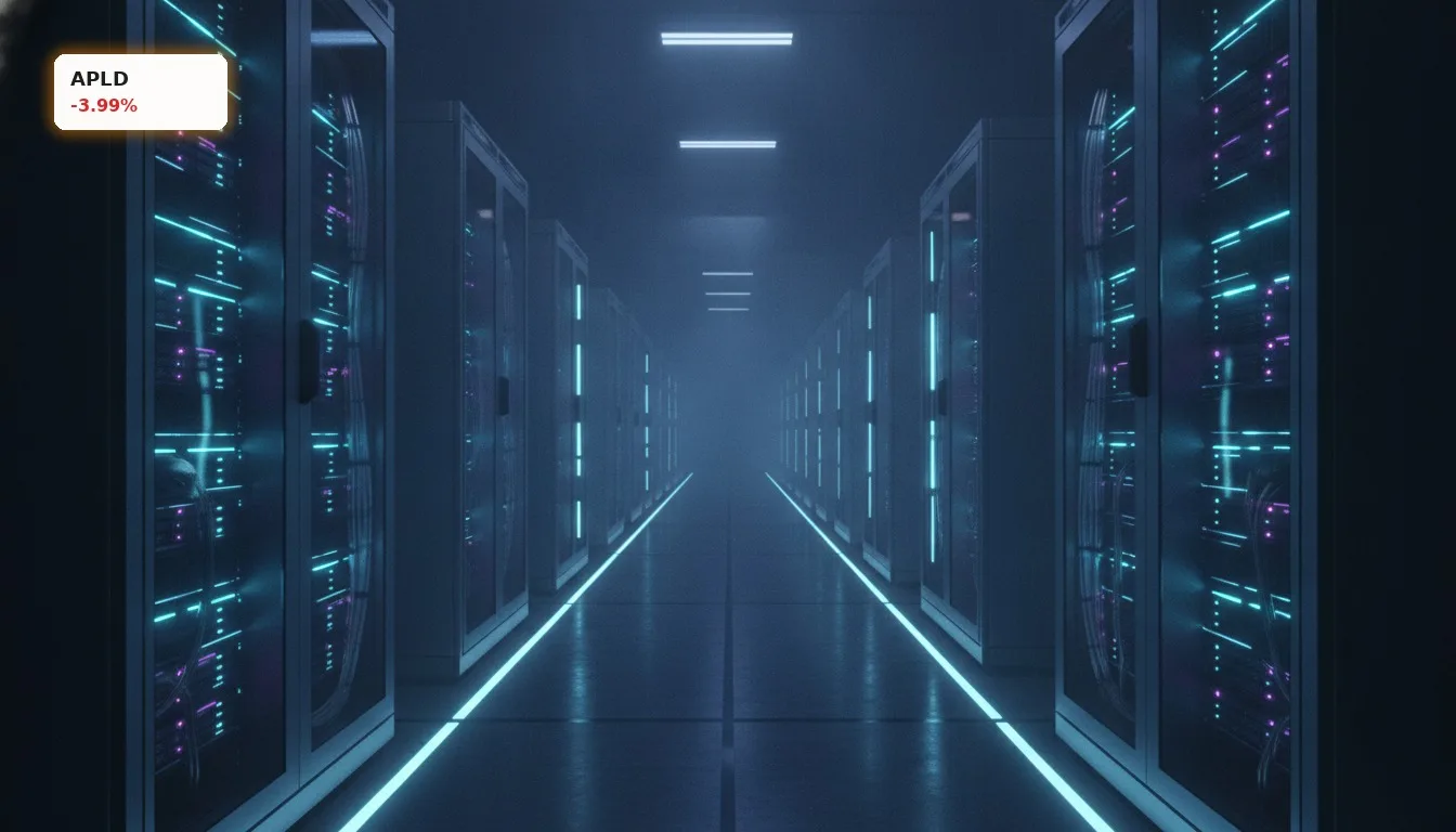 Applied Digital Zinsen: -4% Schock durch steigende Finanzierungskosten 3 Modernes Rechenzentrum mit leuchtenden Server-Racks, das die hohen Finanzierungskosten für Applied Digital Zinsen symbolisiert.