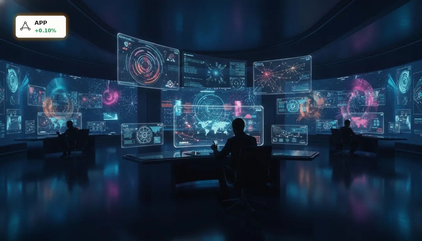 Digitales Marketing-Kontrollzentrum mit leuchtenden Bildschirmen, die mobile App-Daten und Analysen zeigen, symbolisiert AppLovin Quartalszahlen.