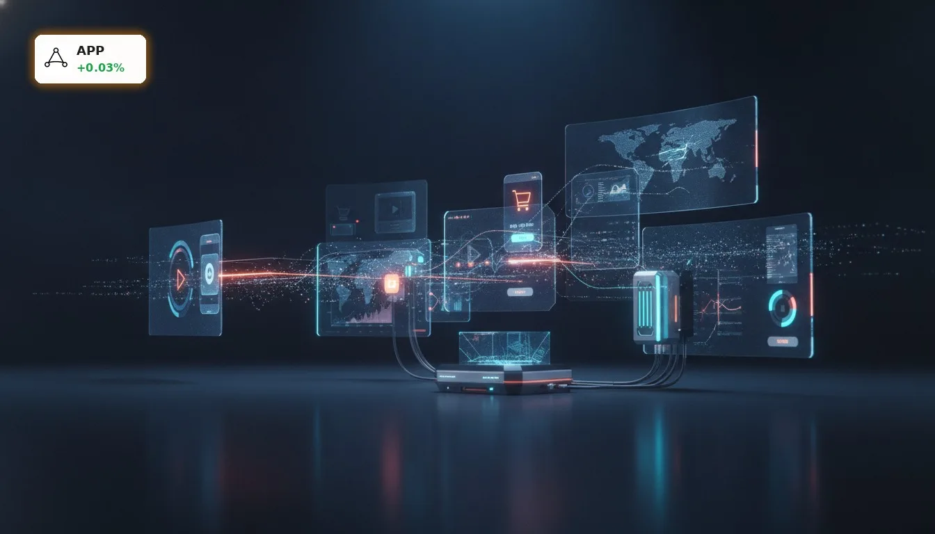 Digitale Schnittstelle, die den AppLovin Marktanteil in der mobilen Werbung und E-Commerce-Branche visualisiert.