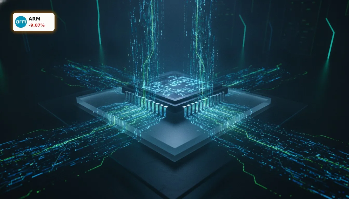 Arm Holdings KI Bedenken: -9% Schock nach Sicherheitsdebatte um Regulierung 5 Detailaufnahme eines futuristischen Mikrochips mit leuchtenden Schaltkreisen, der die komplexen Herausforderungen von Arm Holdings KI Bedenken symbolisiert.