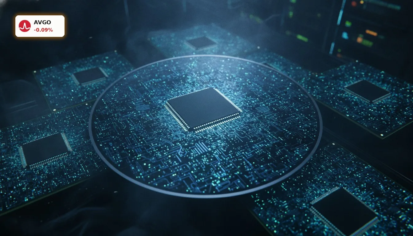Broadcom KI-Chips: Umsatz-Boom von +86% durch OpenAI-Partnerschaft 4 Nahaufnahme von hochmodernen Broadcom KI-Chips auf einem Silizium-Wafer, symbolisiert technologische Innovation.