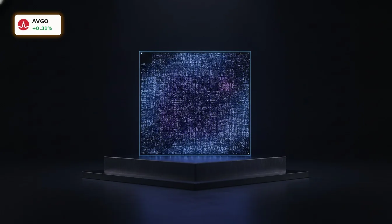 Nahaufnahme eines leuchtenden Broadcom KI-Inferenz-Chips, der die Broadcom KI-Strategie und technologische Innovation symbolisiert.