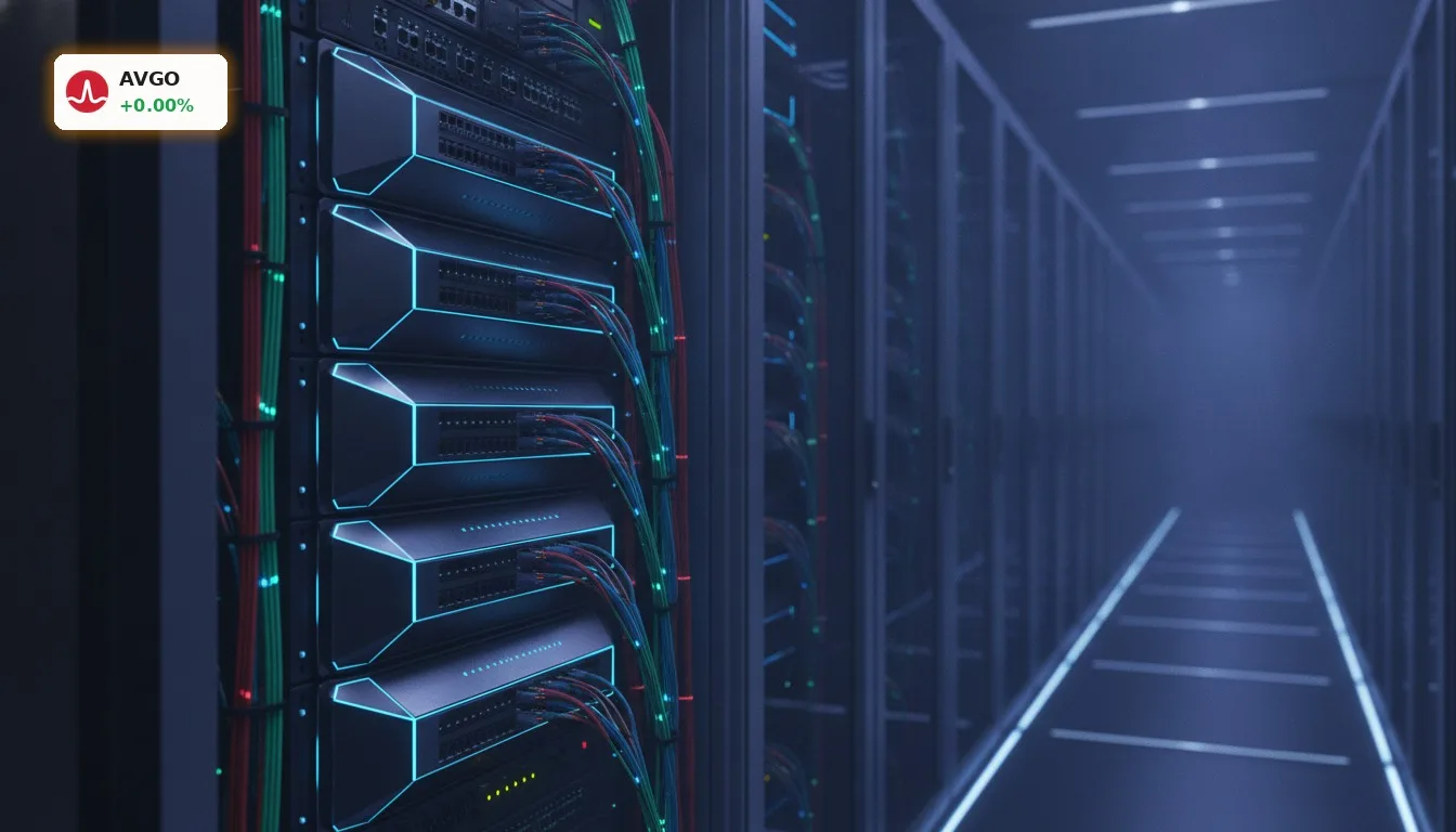 Broadcom KI: Rekordprognosen treffen auf China-Prüfung 6 Hochleistungs-Netzwerk-Switches in einem Rechenzentrum, die schnelle Datenübertragung für Broadcom KI-Anwendungen symbolisieren.