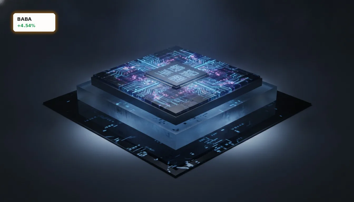 Alibaba KI: +4.5% Kursplus trotz US-Kontroverse und Sammelklagen 3 Nahaufnahme eines futuristischen Alibaba KI-Prozessorchips mit leuchtenden Schaltkreisen in einem dunklen Studio.
