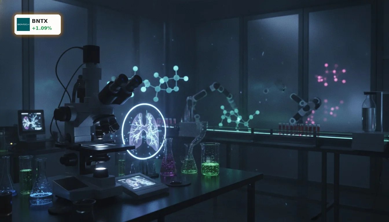 High-tech Laborumgebung mit Mikroskop und Zellkulturen, symbolisiert BioNTech Lungenkrebs-Forschung.