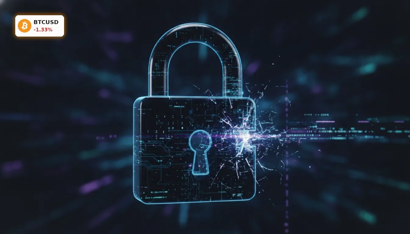 Digitales Vorhängeschloss mit binärem Code und Rissen, symbolisiert Sicherheitslücken im Bitcoin Liquid Network.