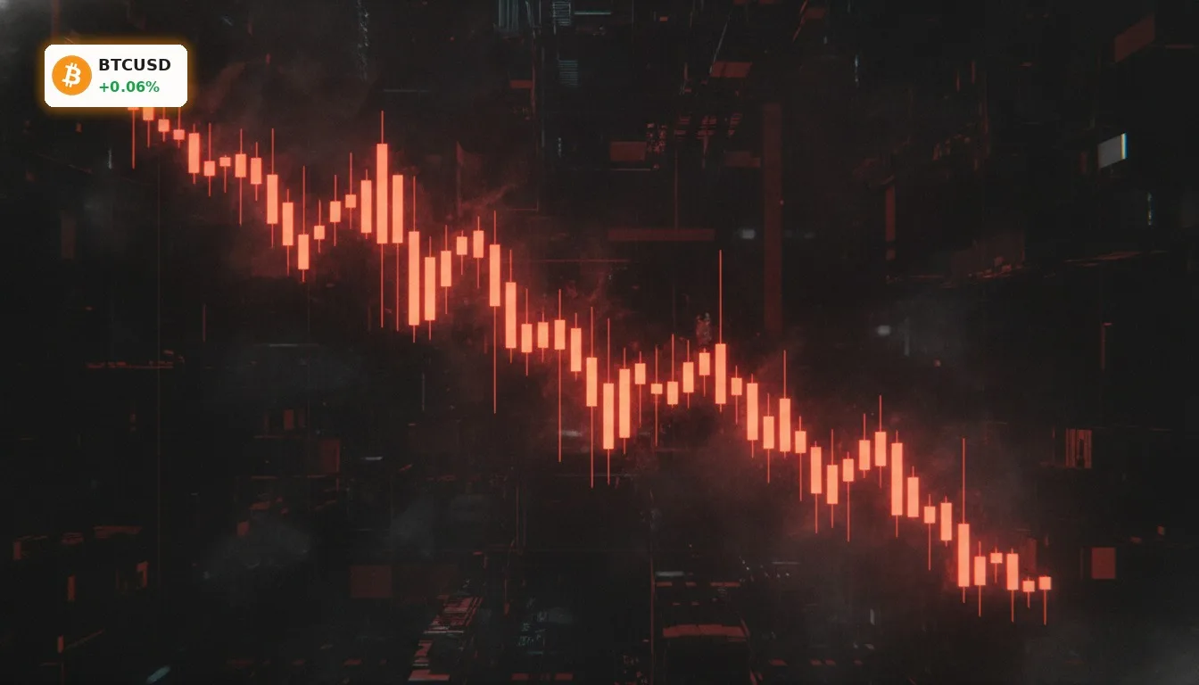 Stilisierter roter Candlestick-Chart zeigt deutlichen Kursrückgang im Bitcoin Arbeitsmarkt.