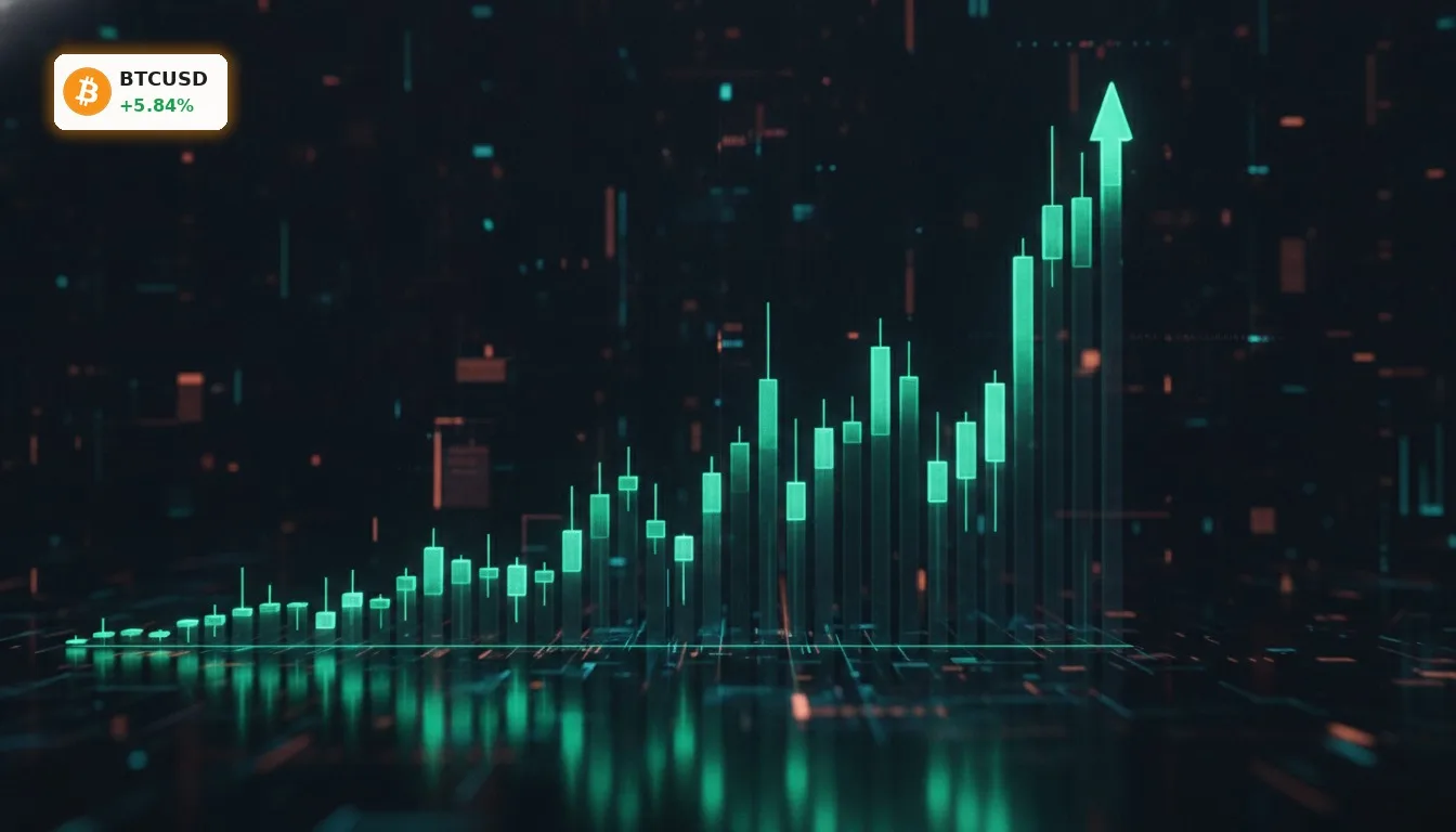 Grün leuchtender Candlestick-Chart, der einen starken Anstieg im Bitcoin Kurs visualisiert. Digitale Finanzlandschaft im Hintergrund.
