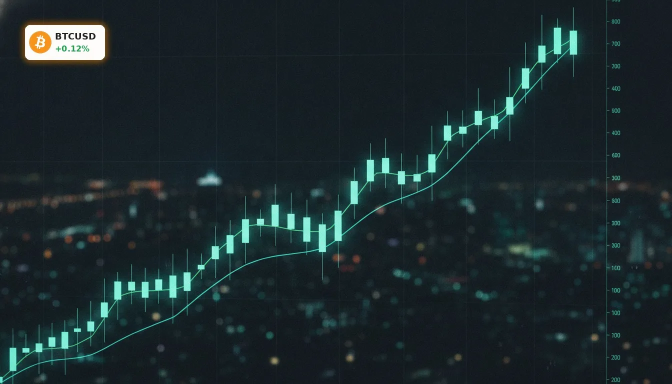 Bitcoin Kurs: SEC-Fortschritt und KI-Integration treiben 4% Rallye 3 Stilisierter Candlestick-Chart zeigt einen starken Aufwärtstrend des Bitcoin Kurs in leuchtendem Türkisgrün.