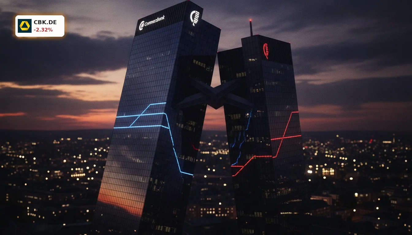 Zwei moderne Wolkenkratzer symbolisieren eine Commerzbank Übernahme und den Machtkampf.