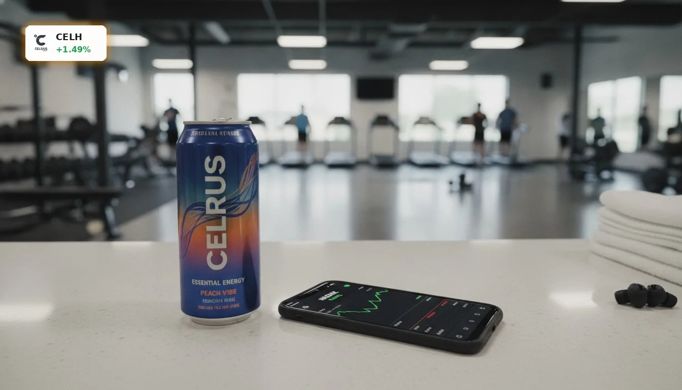 Celsius Insiderkauf: Direktoren kaufen Aktien – Ein Kaufsignal für Anleger? 4 Celsius Energy Drink Dose in einem Fitnessstudio, Smartphone zeigt Aktienkurs-App mit grüner Tendenz, Symbol für Celsius Insiderkauf.