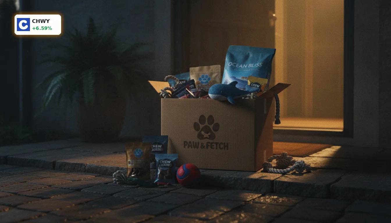 Chewy Finanzbericht 2025: +6.6% Rallye trotz Gewinnrückgang 4 Chewy Finanzbericht: Lieferung von Tierfutterbox vor Haustür bei Dämmerung, Umsatzwachstum.