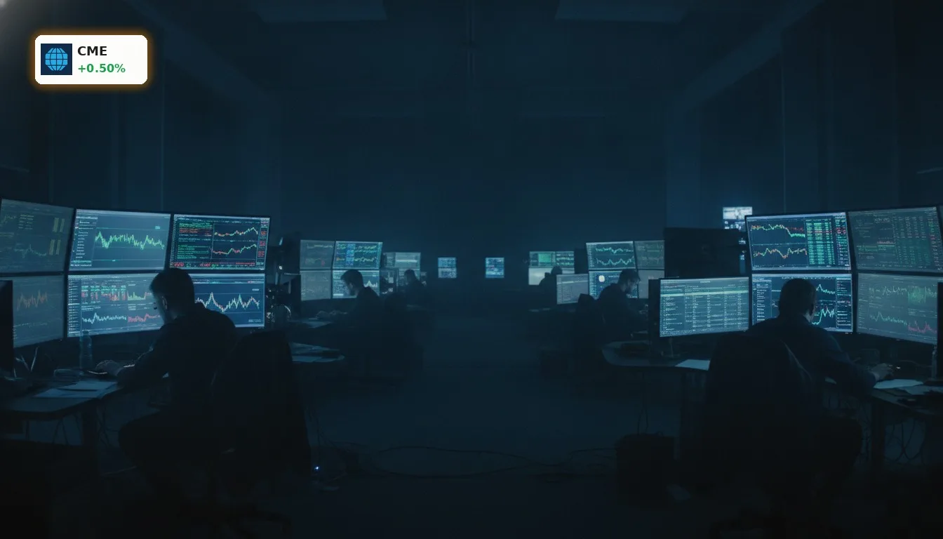 Dynamischer Handelssaal mit Bildschirmen voller Krypto Futures Daten. CME Krypto Futures Handel.
