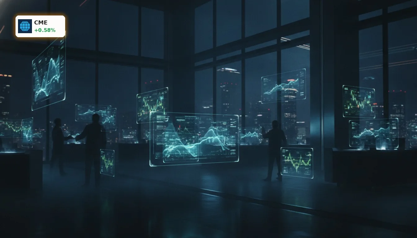 Futuristischer Handelssaal bei Nacht mit holografischen Displays für CME Krypto-Futures.
