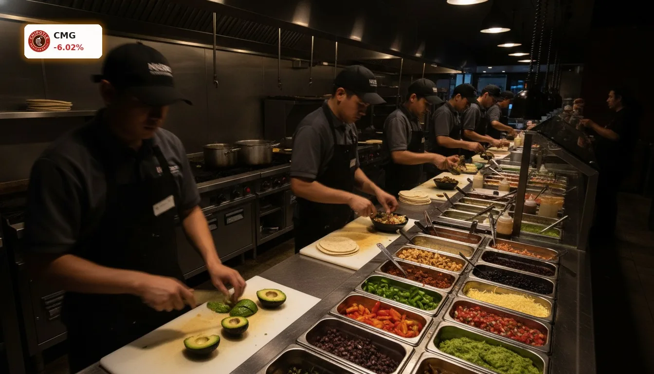 Betriebsame Küche eines Chipotle Mexican Grill Restaurants, fokussiert auf die effiziente Chipotle Personalie und Teamarbeit.