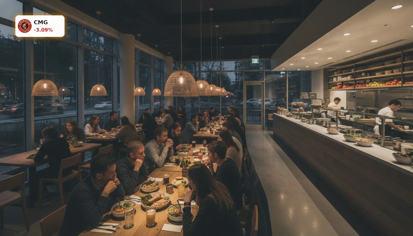 Chipotle Branchenanalyse: Aktie crasht um 3.1% – Risiken und Chancen 5 Modernes Fast-Casual-Restaurant-Interieur bei Dämmerung, das die Chipotle Branchenanalyse und makroökonomische Faktoren widerspiegelt.