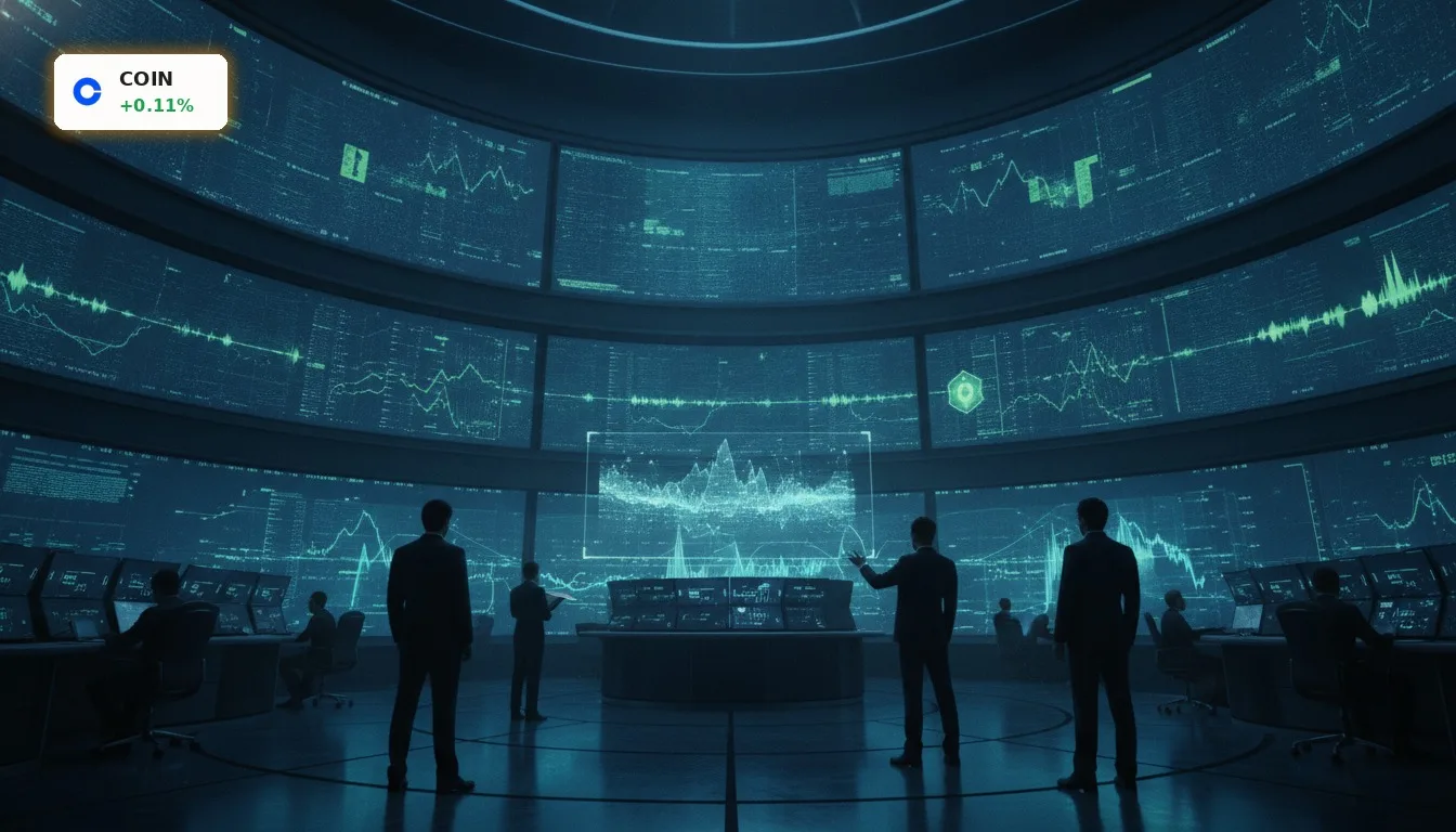 Futuristischer Handelssaal mit Bildschirmen voller Finanzdaten, symbolisiert den Coinbase ETF und Prediction Markets.