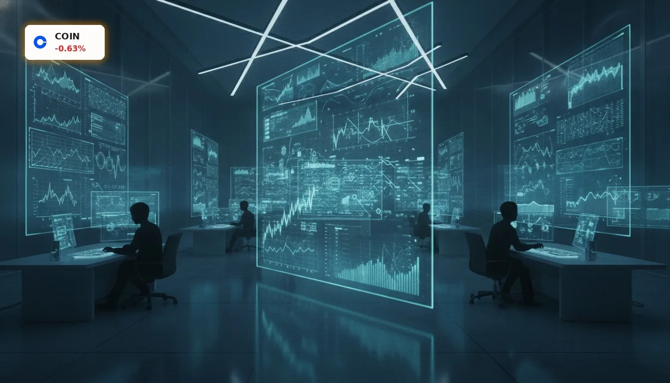 Coinbase Aufwertung: Analystenoptimismus und CLARITY Act beflügeln Aktie 4 Futuristischer Kryptowährungshandelsraum mit leuchtenden digitalen Charts, symbolisiert die Coinbase Aufwertung und Marktentwicklung.
