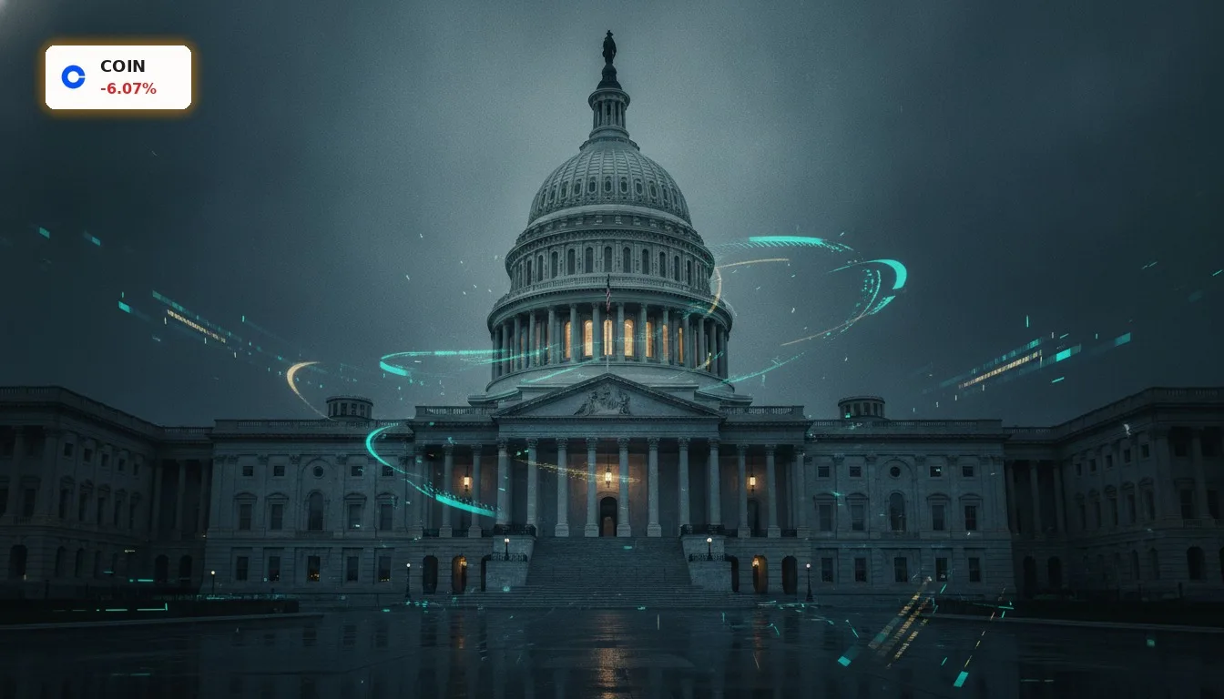 US-Kapitolgebäude mit abstrakten digitalen Strömen, symbolisiert den Coinbase Clarity Act und Krypto-Regulierung.