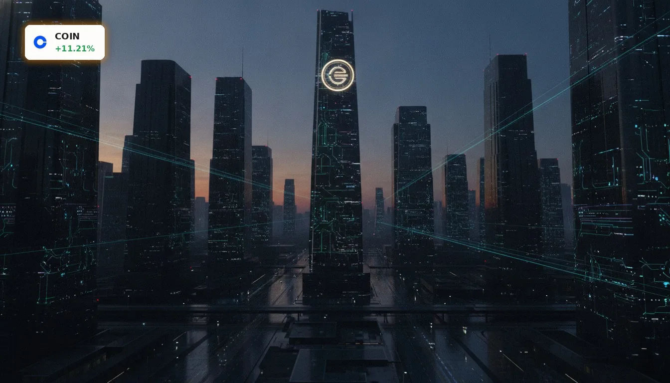 Moderner Finanzdistrikt bei Nacht mit leuchtenden Blockchain-Mustern, symbolisiert das Coinbase Quartal und die Krypto-Branche.