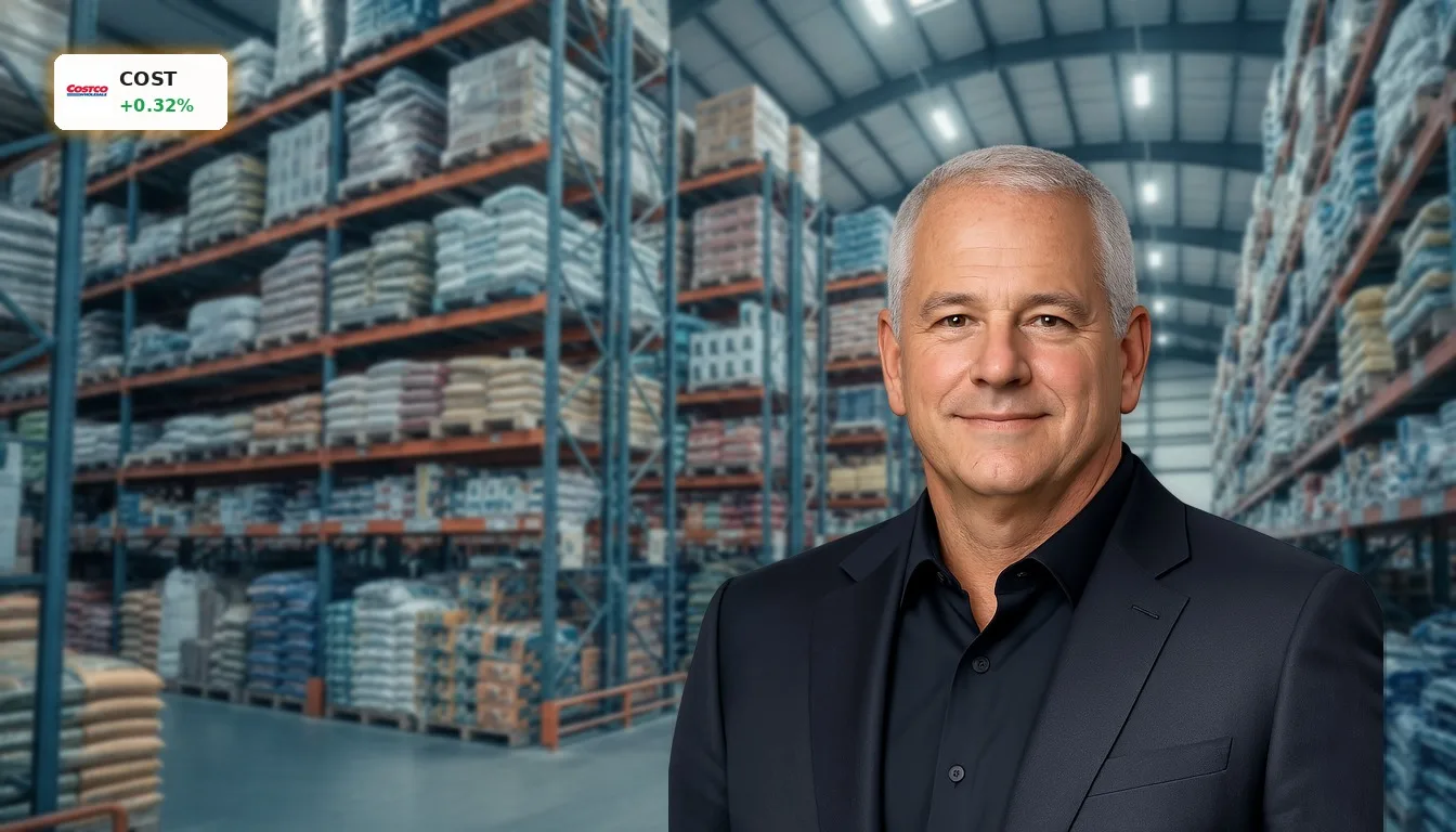 Innenansicht eines großen, gut beleuchteten Großhandelslagers mit hohen Regalen voller verschiedener Produkte für die Costco Analyse.