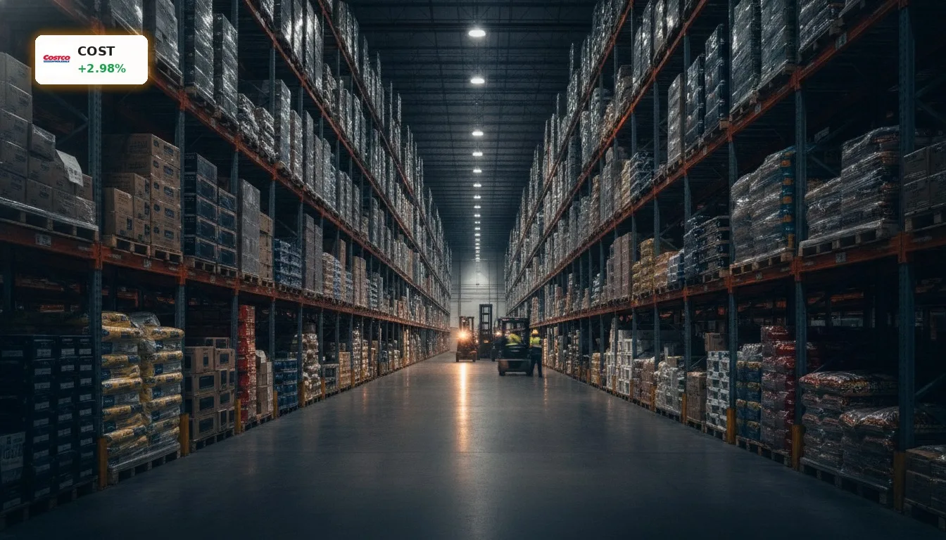 Costco Quartalszahlen: Gewinn übertrifft Erwartungen, Aktie legt zu 3 Modernes Großhandelslager mit hoch gestapelten Produktpaletten, symbolisiert die Costco Quartalszahlen und ihr Geschäftsmodell.