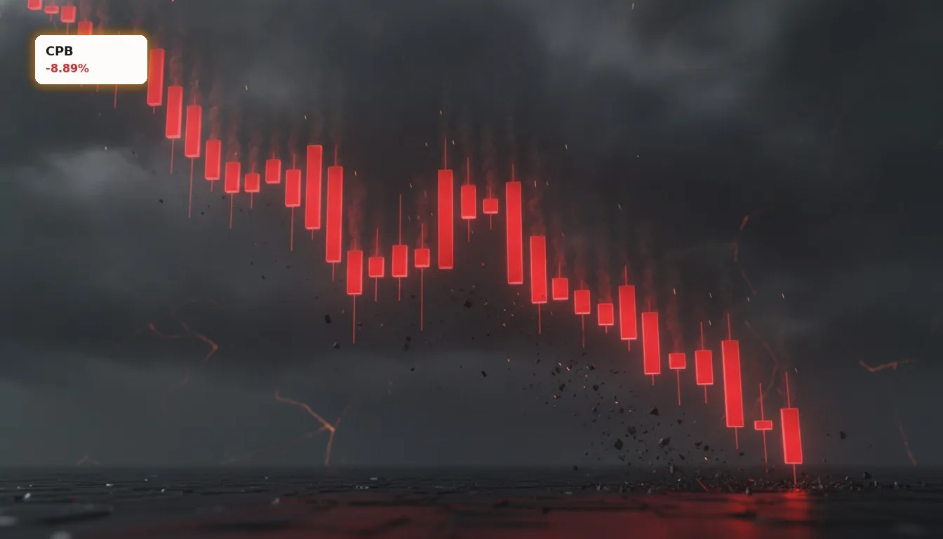 Campbell Soup Quartalszahlen: -8.9% Crash nach Verlust und Dividendensenkung 4 Stilisierter roter Candlestick-Chart, der einen starken Kursrückgang symbolisiert, passend zu den Campbell Soup Quartalszahlen.