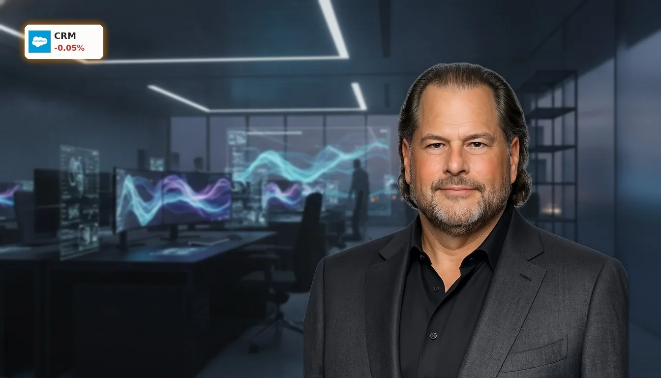 Salesforce Quartal: KI-Boom treibt Umsatz auf $11,35 Mrd. und Aktie 2 Moderne Büroarbeitsplätze mit leuchtenden Bildschirmen, die KI-gestützte Cloud-Software visualisieren. Salesforce Quartal.