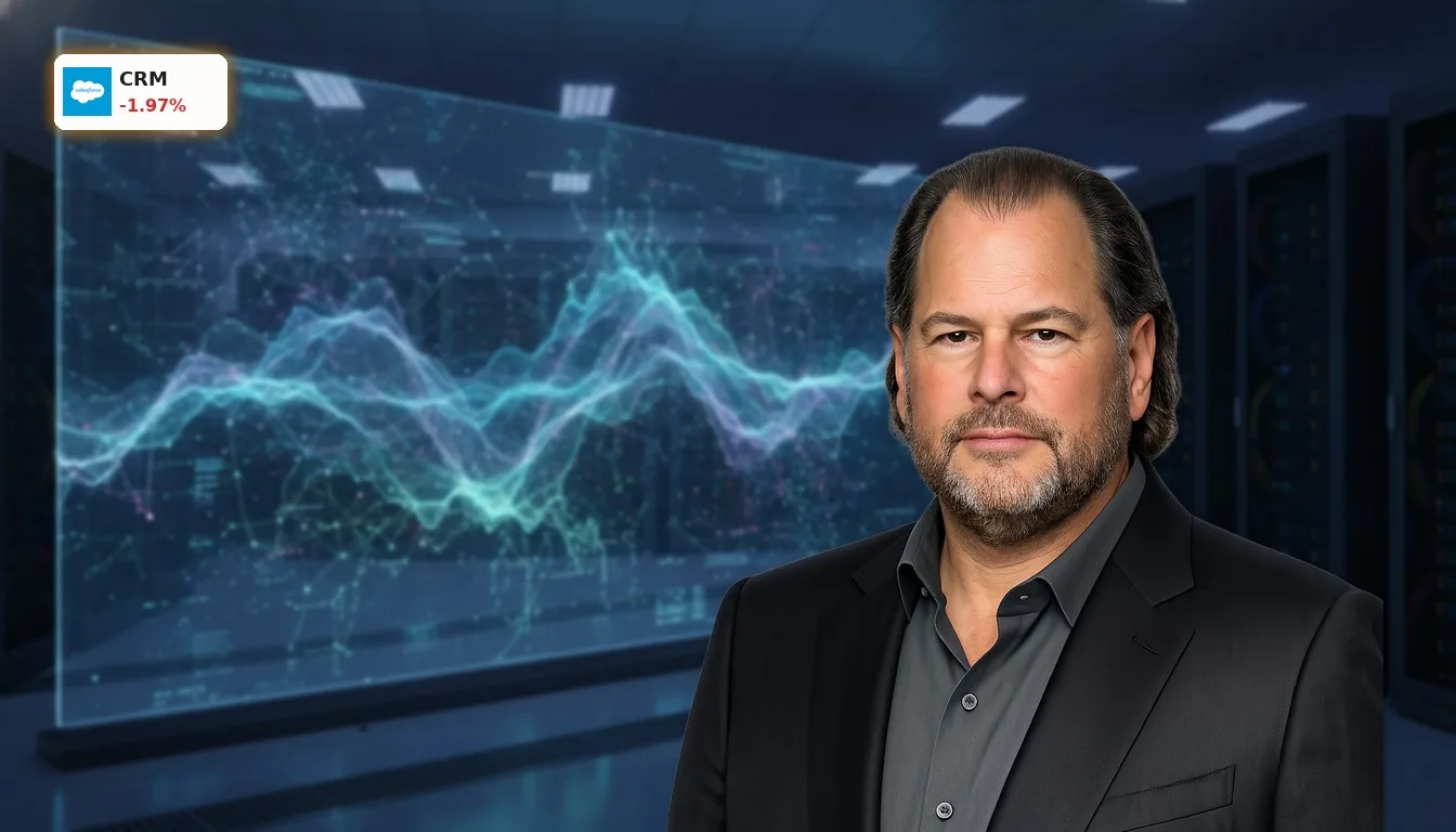 Futuristisches KI-Interface visualisiert Salesforce AIforce-Plattform in einem Rechenzentrum.