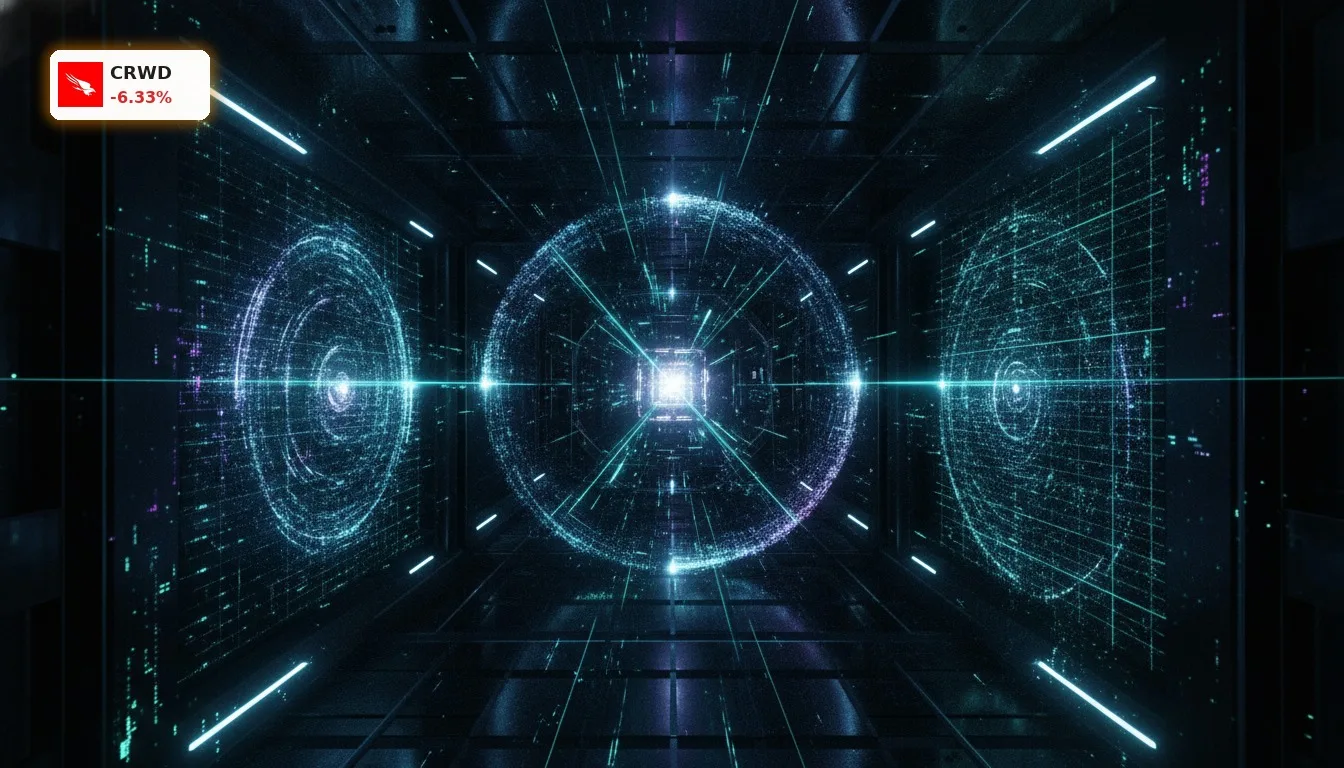 Sichere digitale Umgebung mit leuchtenden Datenströmen, die Cybersicherheit und KI-Schutz symbolisieren, passend zu CrowdStrike Quartal.